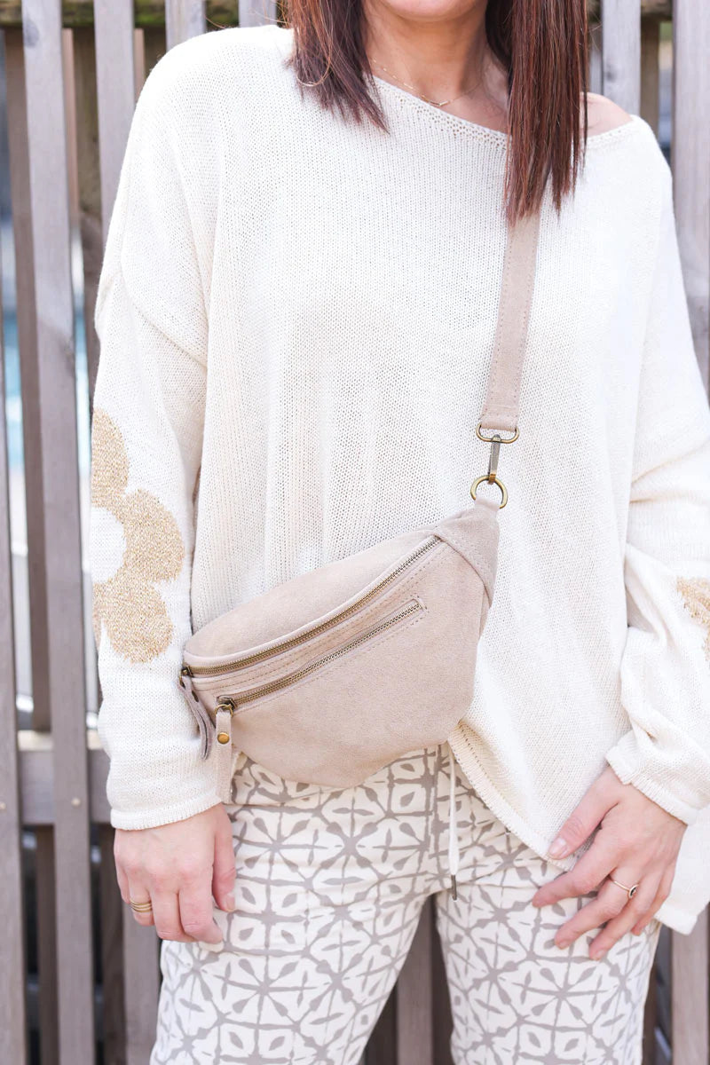 Beige suede leather shoulder bag with double zipped pockets