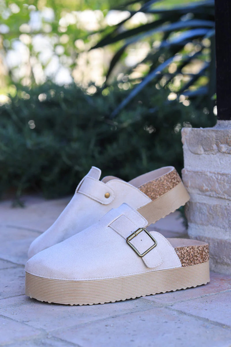 Beige suedette slip on flatform mules with buckle