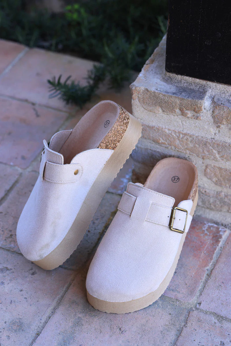 Beige suedette slip on flatform mules with buckle