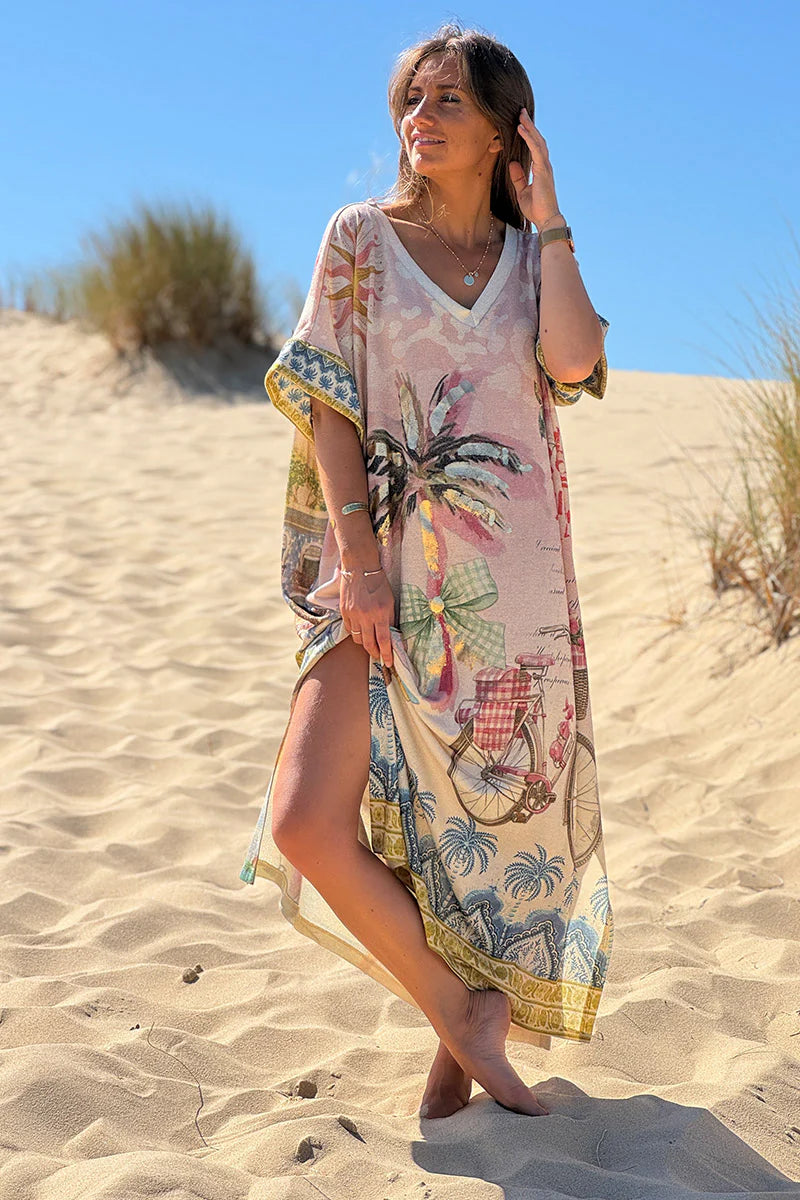 Beige Summer Vacation Glitter Knit Caftan