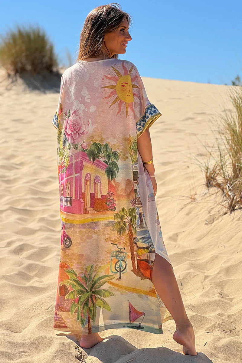 Beige Summer Vacation Glitter Knit Caftan