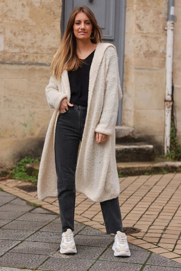 Beige Sweater Knit Hooded Duster Jacket