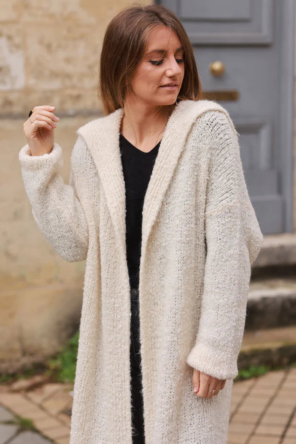 Beige Sweater Knit Hooded Duster Jacket