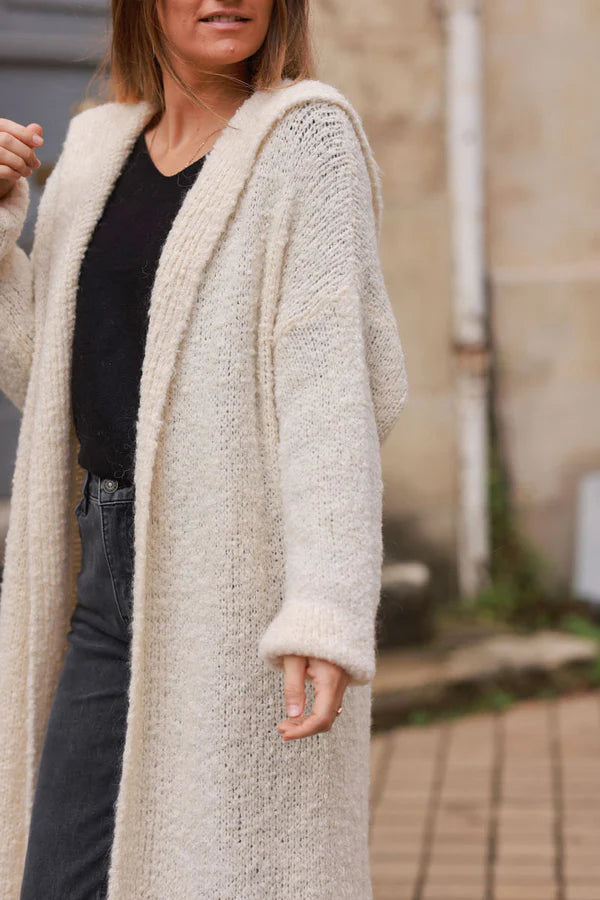 Beige Sweater Knit Hooded Duster Jacket