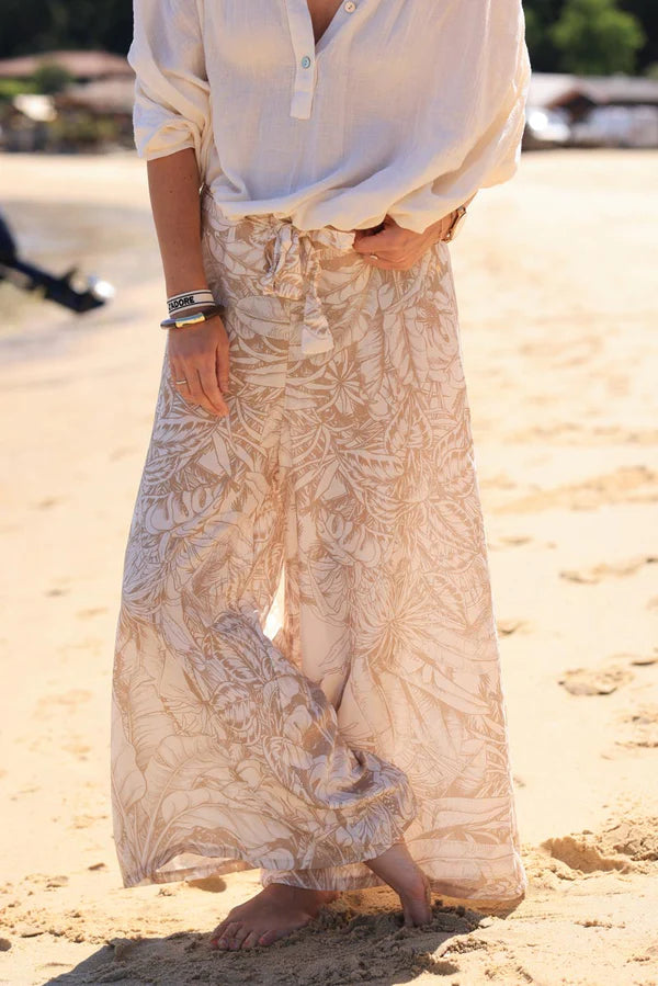 Beige Wide Leg Floaty Pants with Palm Leaf Print and fabric belt