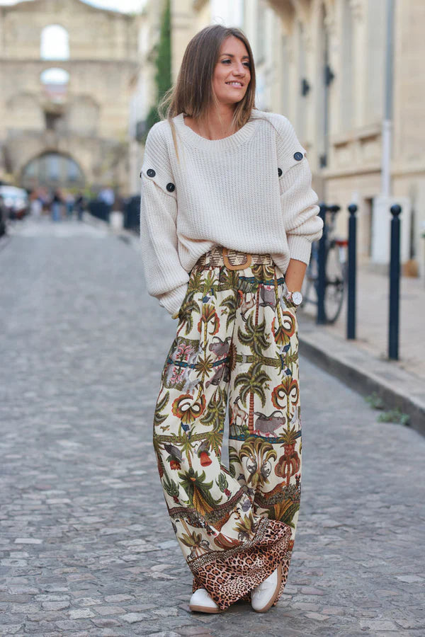 Beige Wide Leg Pants with Jungle and Leopard Print, including Belt