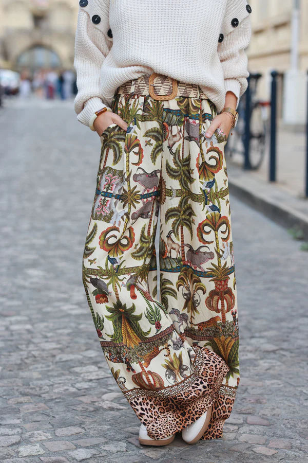 Beige Wide Leg Pants with Jungle and Leopard Print, including Belt