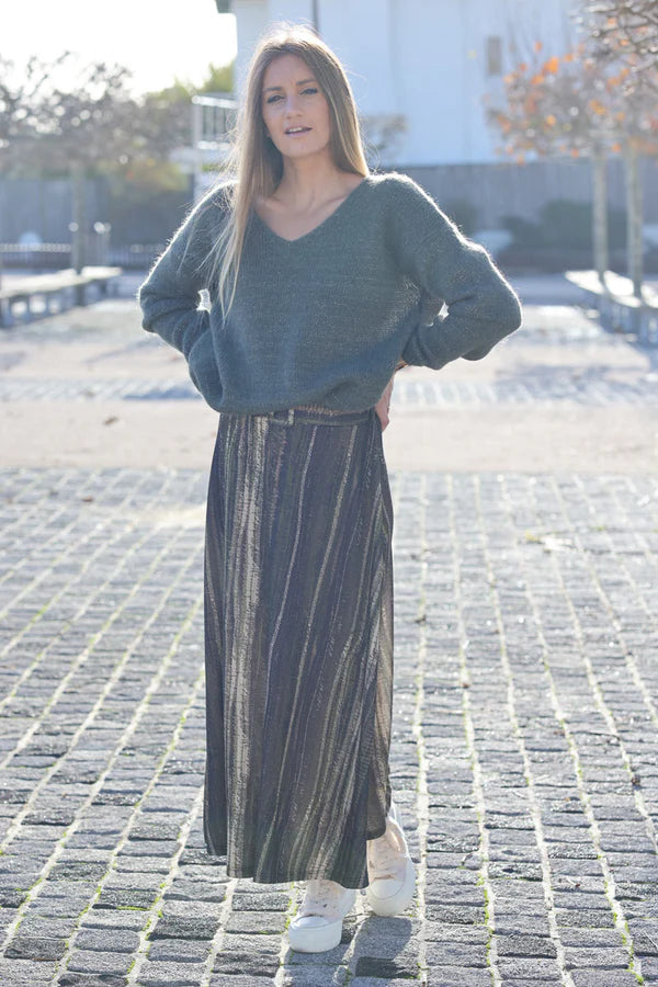 Belted midi flare skirt with vertical stripes in khaki