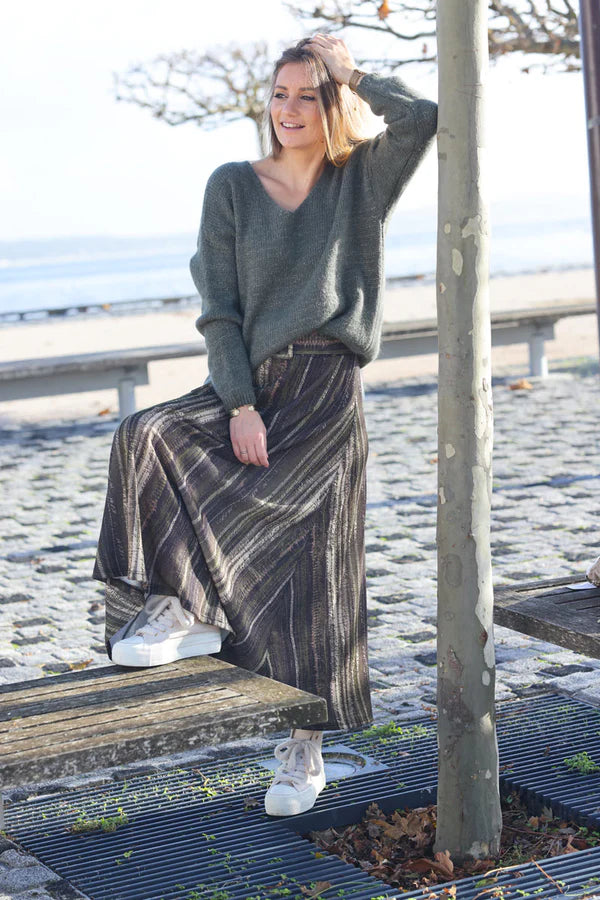 Belted midi flare skirt with vertical stripes in khaki