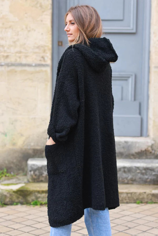 Black Alpaca Wool Blend Hooded Duster