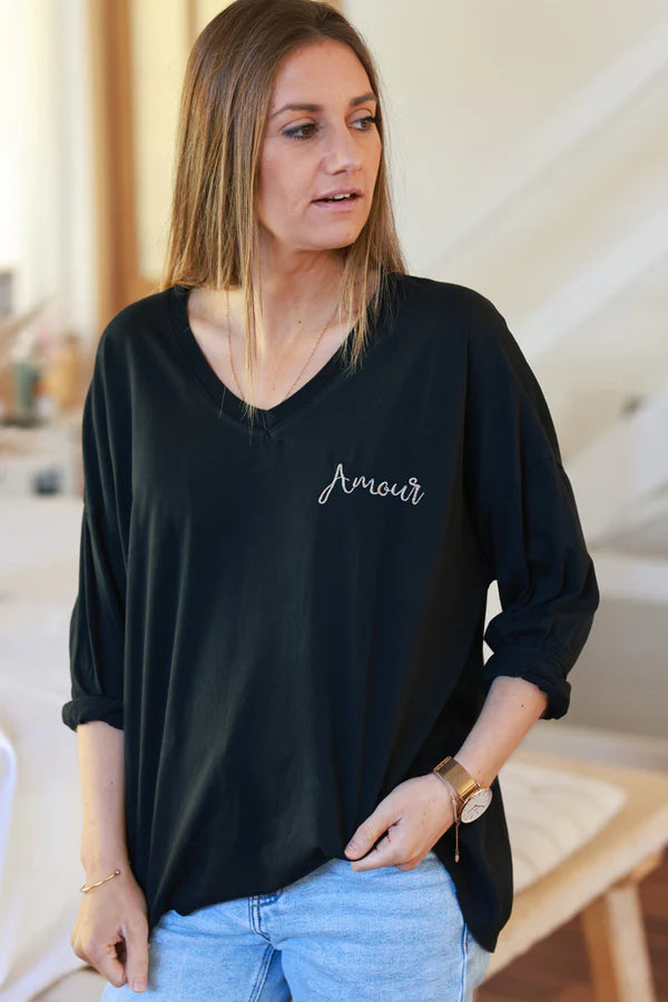 Black “Amour” Long-Sleeve V-Neck Tee