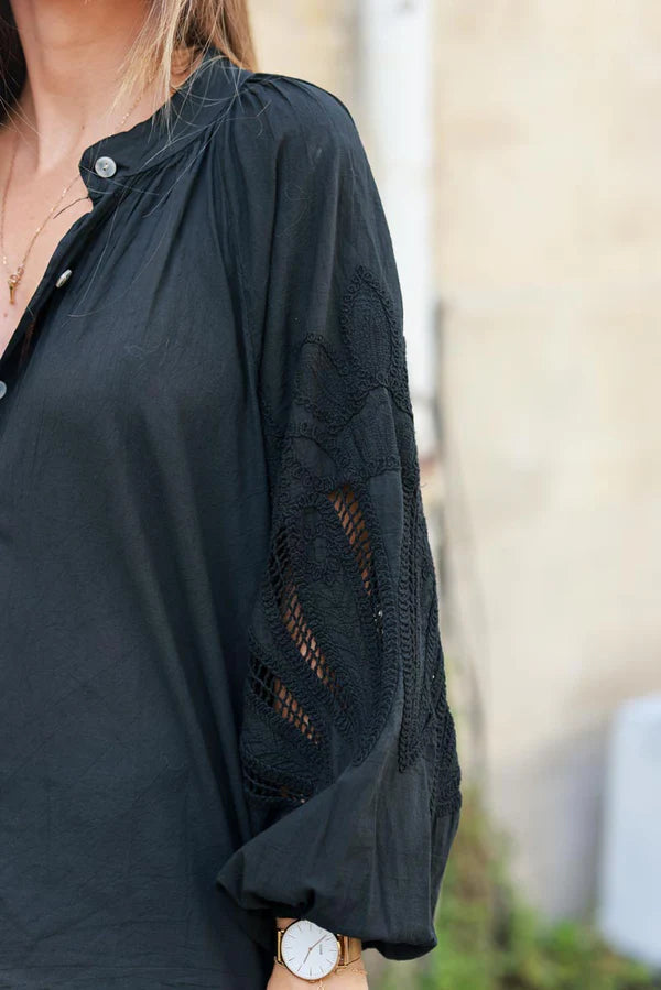 Black Blouse with Open Crochet Sleeves