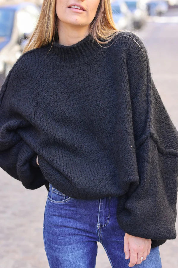 Black Chunky Knit Sweater Oversized and Funnel Neck