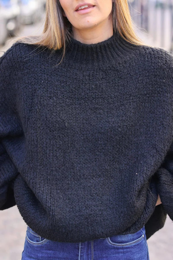 Black Chunky Knit Sweater Oversized and Funnel Neck