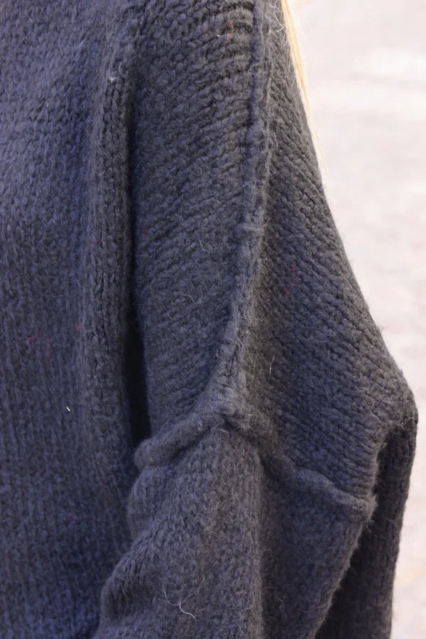 Black Chunky Knit Sweater Oversized and Funnel Neck