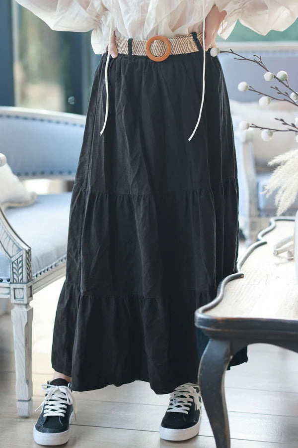 Black Corduroy Tiered Skirt with Belt