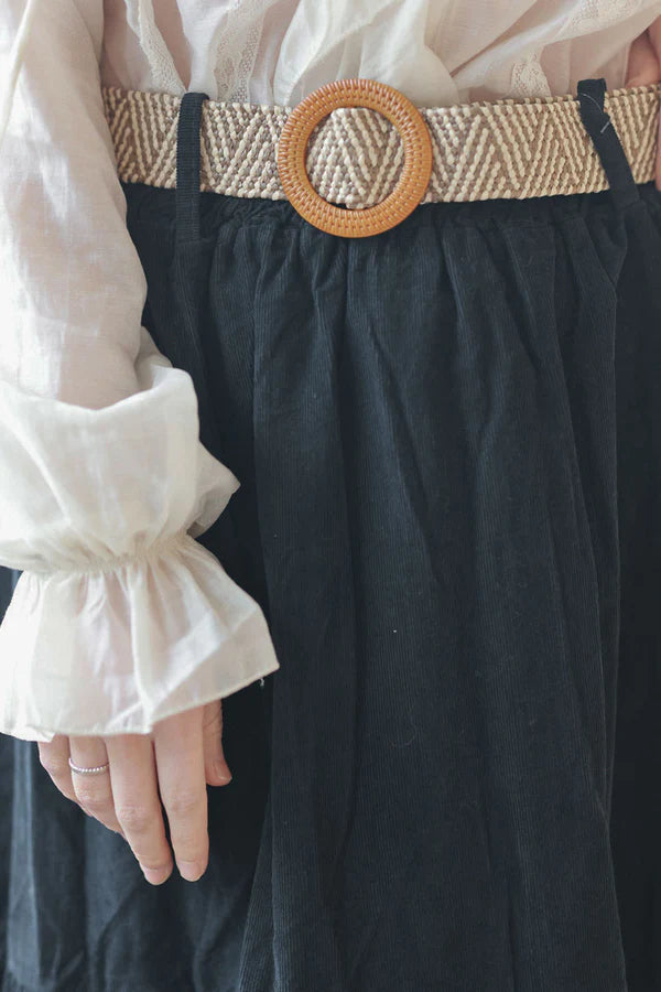 Black Corduroy Tiered Skirt with Belt