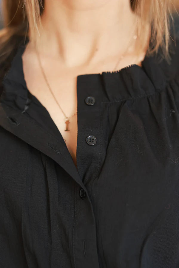 Black Cotton Button-Down Peasant Blouse