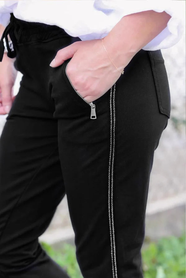 Black Cotton Comfort Sweatpants with Silver Glitter Seams