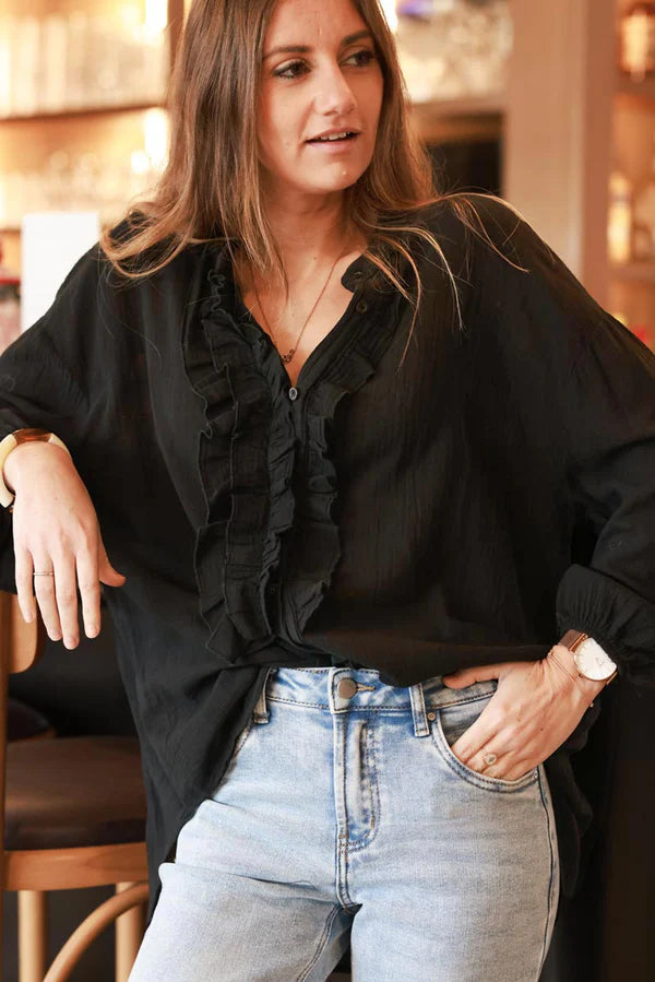 Black Cotton Gauze Ruffled Blouse