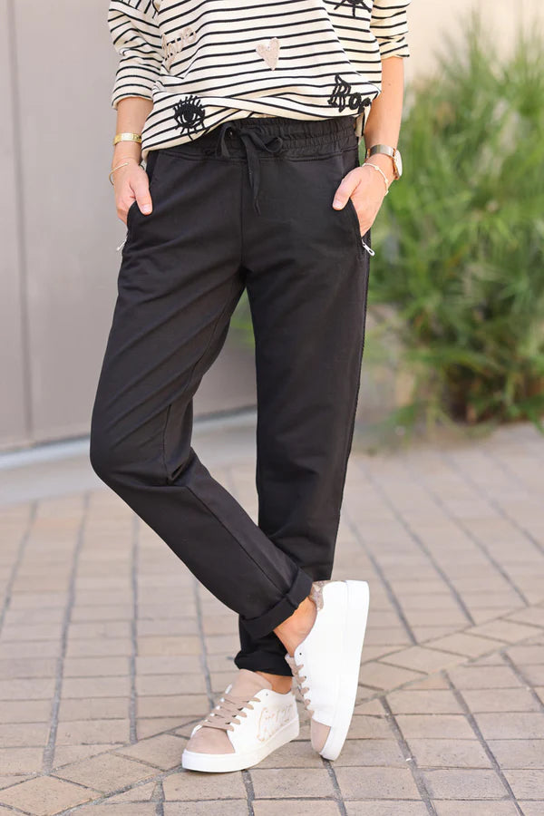 Black Cotton Sweatpants Bottoms with Embroidered Cheveron Outseams