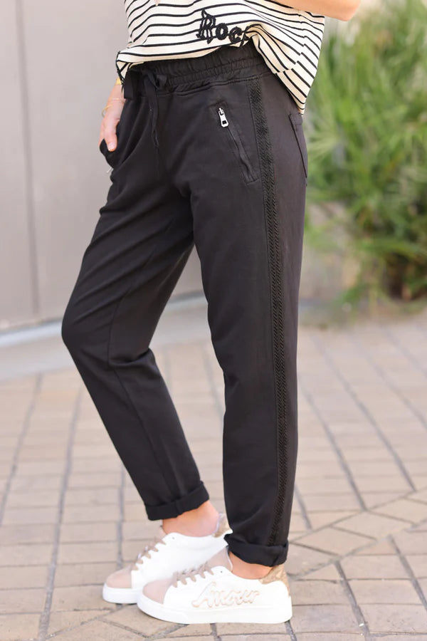 Black Cotton Sweatpants Bottoms with Embroidered Cheveron Outseams