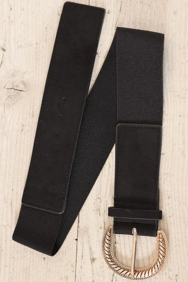 Black elastic belt with gold twisted relief buckle