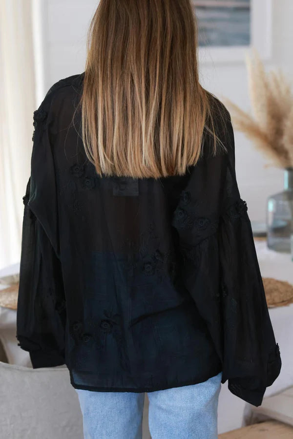 Black Embroidered Floral Silken Blouse