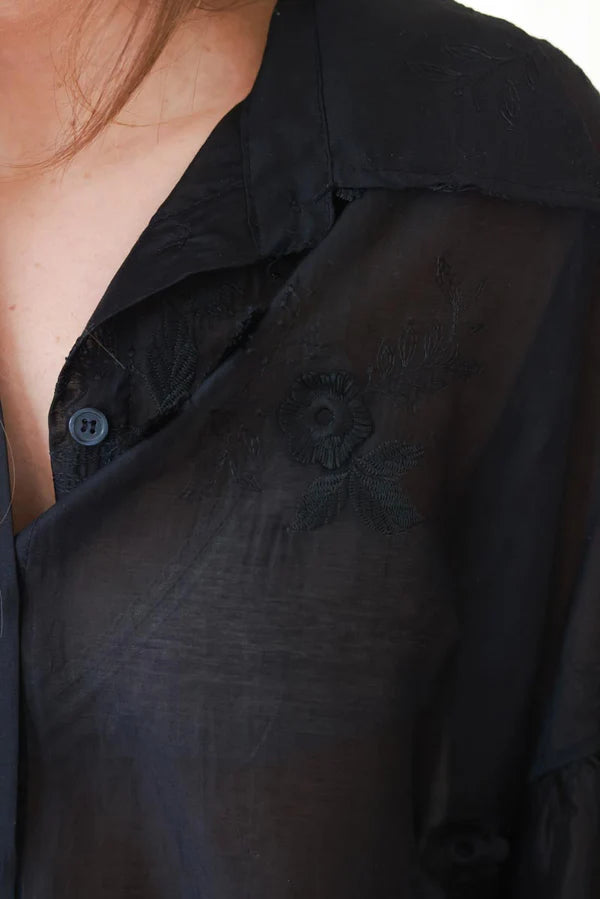 Black Embroidered Floral Silken Blouse