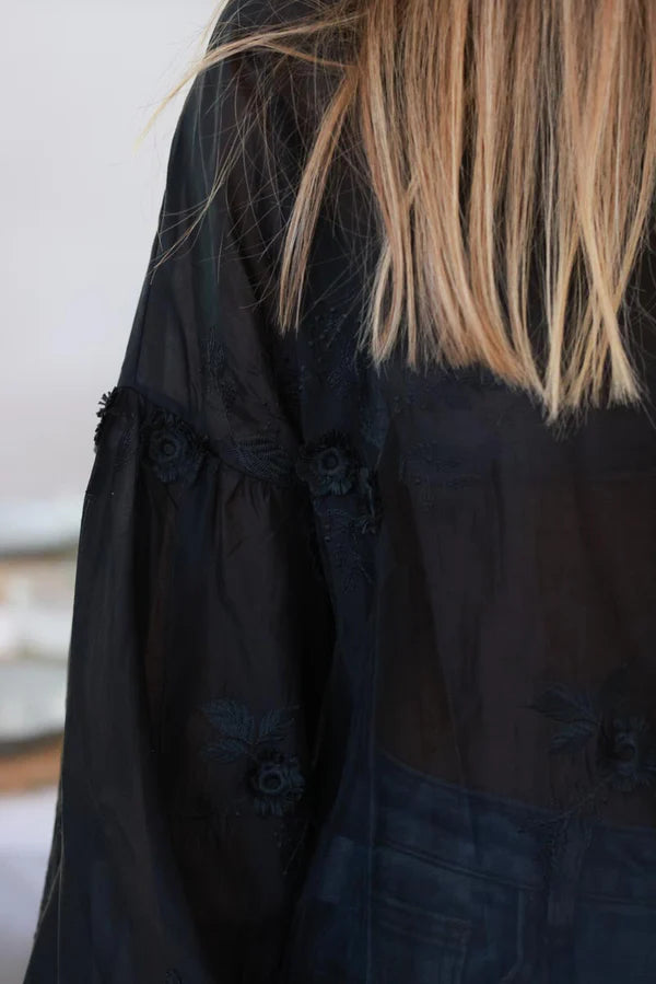 Black Embroidered Floral Silken Blouse