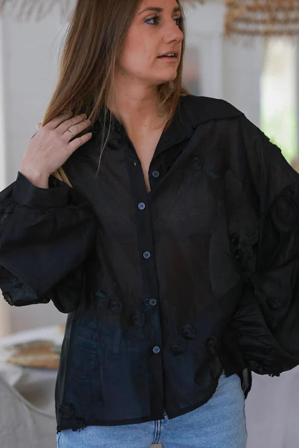 Black Embroidered Floral Silken Blouse