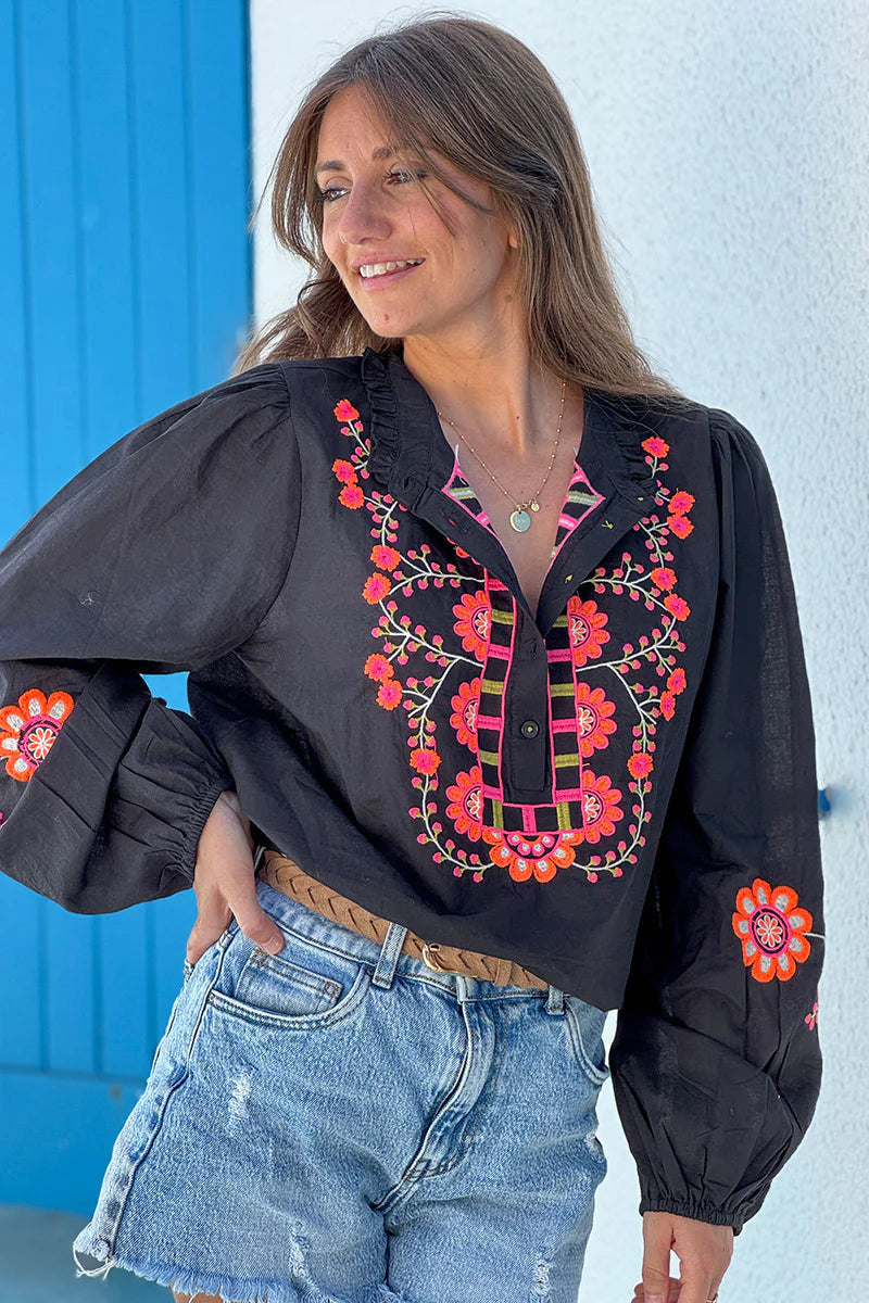 Black Embroidered Half Placket Boho Blouse