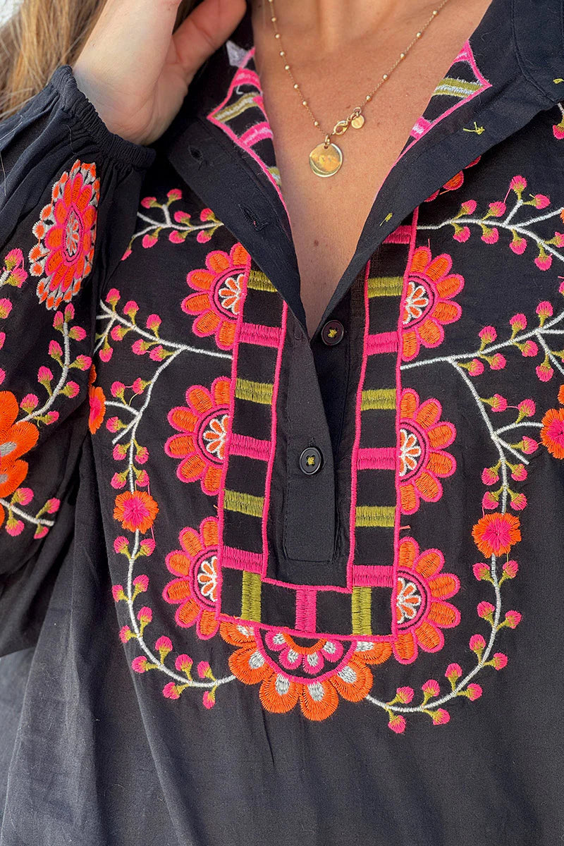 Black Embroidered Half Placket Boho Blouse
