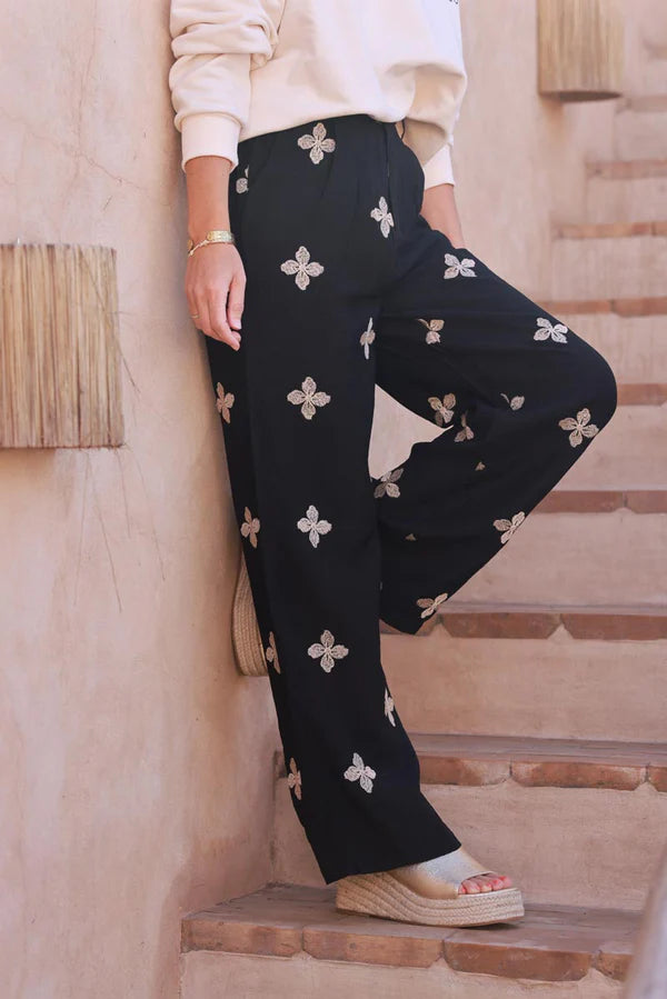 Black Embroidered Viscose Pull-On Pants