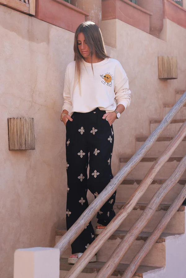 Black Embroidered Viscose Pull-On Pants