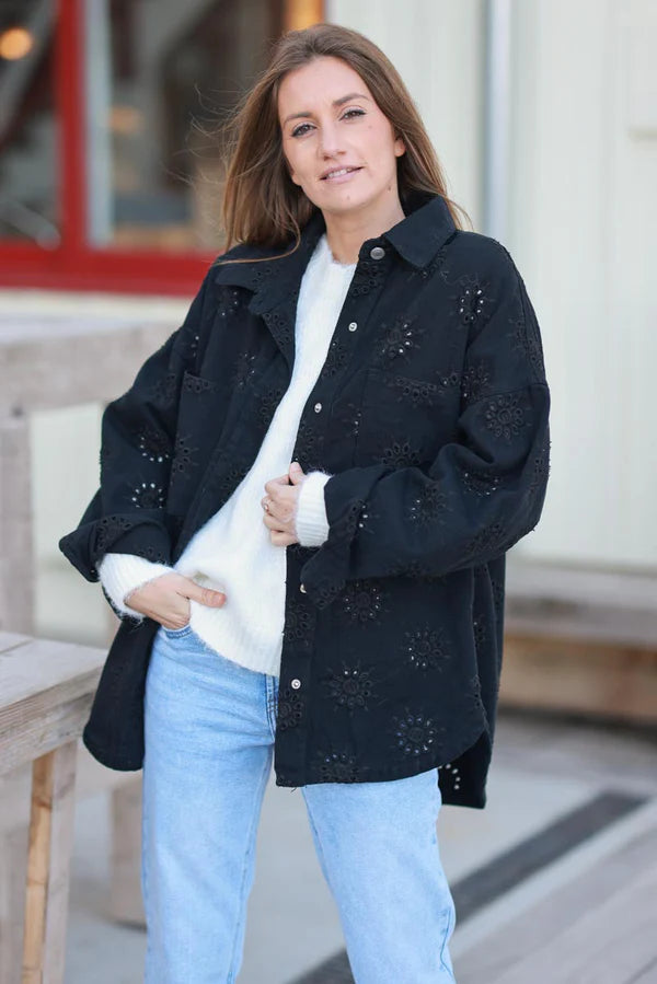 Black Eyelet Starburst Denim Shirt Jacket