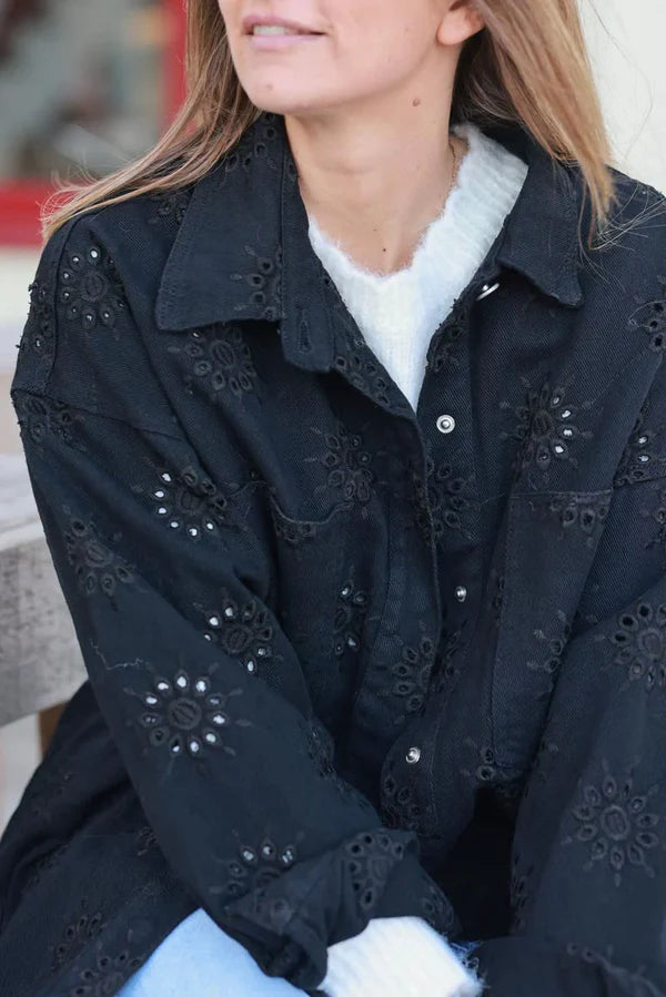 Black Eyelet Starburst Denim Shirt Jacket