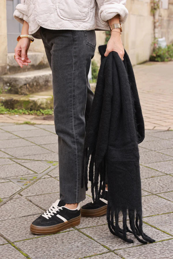 Black Faux Cashmere Tassel Scarf