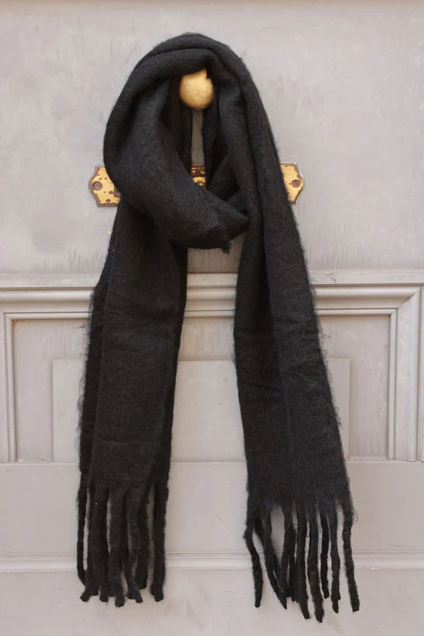 Black Faux Cashmere Tassel Scarf