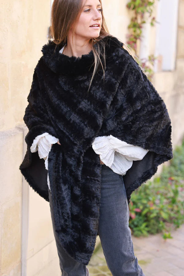 Black Faux Chinchilla Poncho Cape