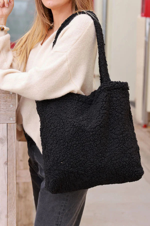 Black Faux Shearling Tote Bag