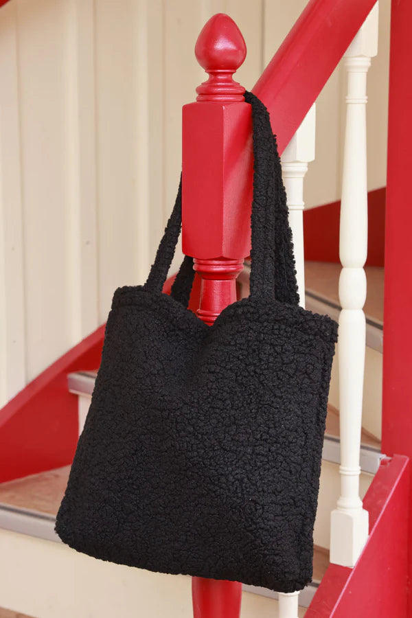 Black Faux Shearling Tote Bag