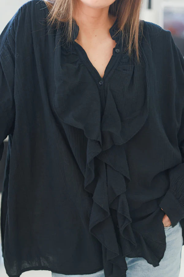 Black Gauze Ruffle Front Blouse