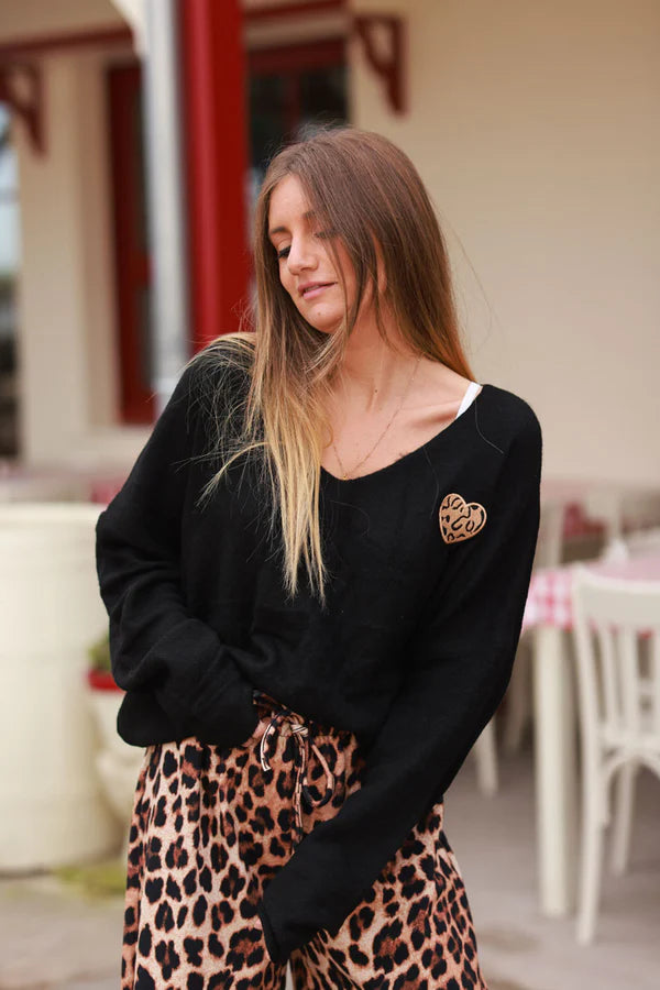 Black Heart Slouchy Knit V-Neck Sweater