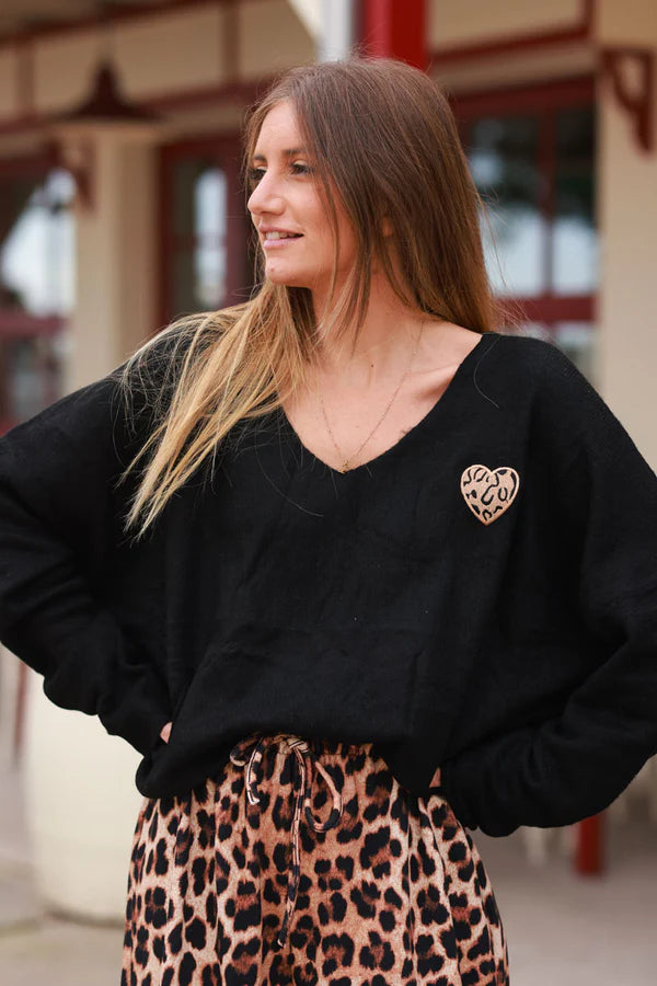 Black Heart Slouchy Knit V-Neck Sweater