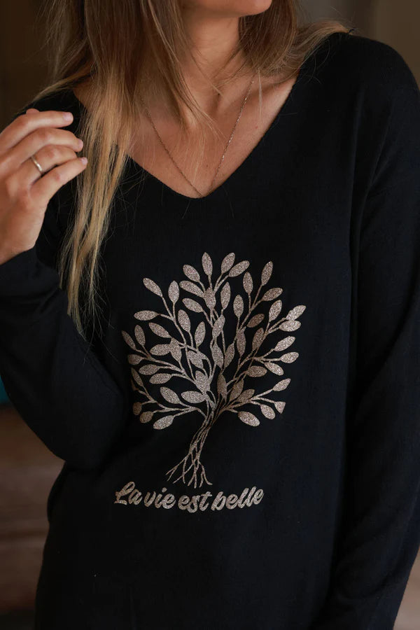 Black “La Vie Est Belle” Gold Glitter Tree Long-Sleeve Tee