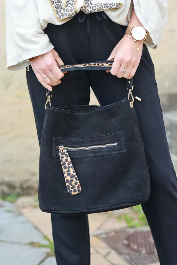 Black leather bucket bag with leopard details