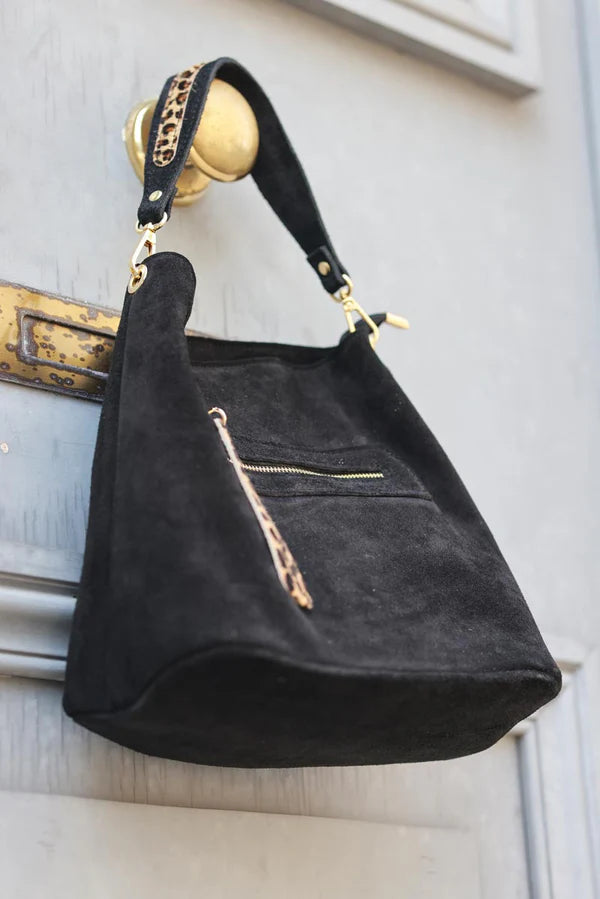 Black leather bucket bag with leopard details