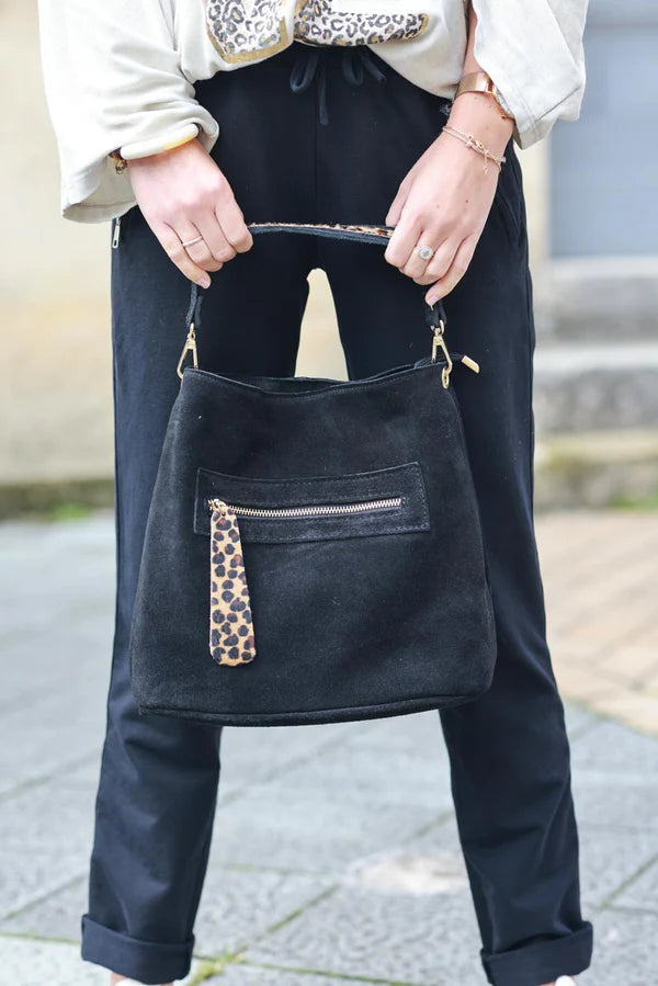 Black leather bucket bag with leopard details