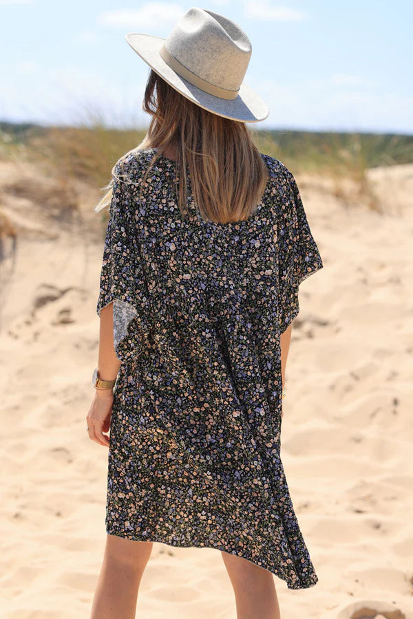 Black liberty print flowing smock dress Jeanne